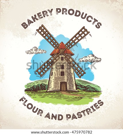 Windmill in rural landscape, drawn by hand, in a graphic style.