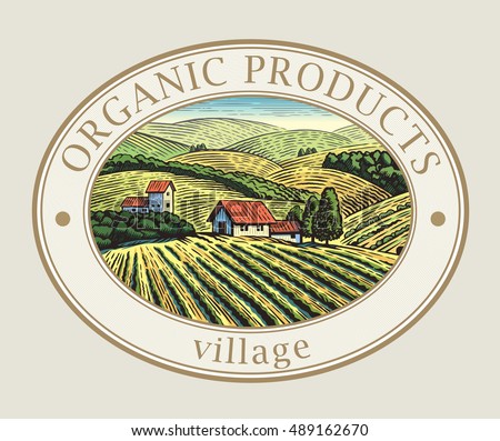 Rural landscape in the frame, a graphic design element for the create of the label or trademark.