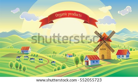 Rural landscape with a mill and a ribbon with the inscription.