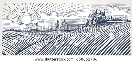 Rural landscape with a farm in engraving style. Hand drawn Illustration and converted to vector fomat.