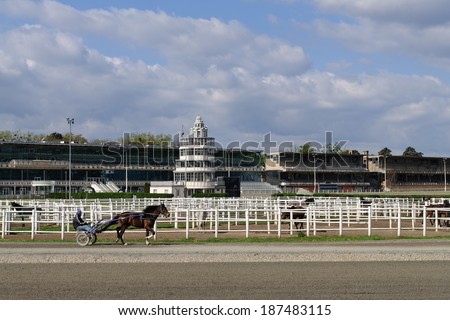 VIENNA, APRIL 9: Trotter training at Krieau Race Track, a horse racing track in Vienna, Leopoldstadt district, April 9, 2014. Opened in 1878, it is the second oldest harness racing track in Europe.