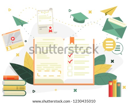 E-learning and education process, online and offline books for learning, internet library and tutorial study. Modern vector illustration concept, isolated on white background.