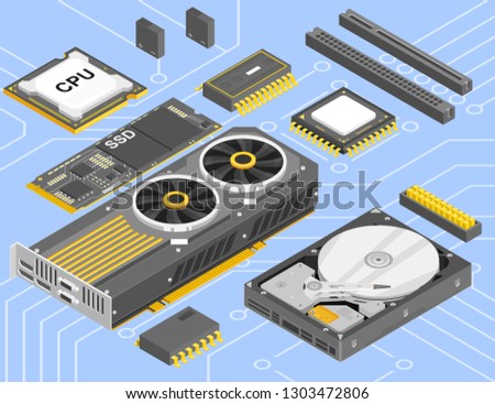 Computer parts isometric set. Different hardware parts and components of personal computer: cpu, ssd, hard disk, microchips, graphics card and other. Isometric 3d computer parts