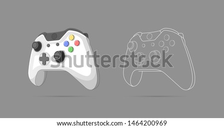 Illustration of gamepad, controller, input device. Console gaming, video games, entertaiment, arcade. Retro Gaming controller line and color drawing. Flat style, colorful, vector illustration.