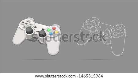 Keypad, gamepad, controller, input device. Console gaming, video games, entertaiment, arcade. Retro Gaming controller line and color drawing. Flat style, colorful, vector gaming illustration. 
