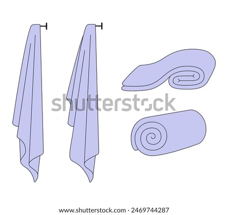 Hotel bath towel line icons. Stacked textile fabric, fluffy roll for bathroom and kitchen, vector illustration of folded and hanging towels for bathroom isolated on white background