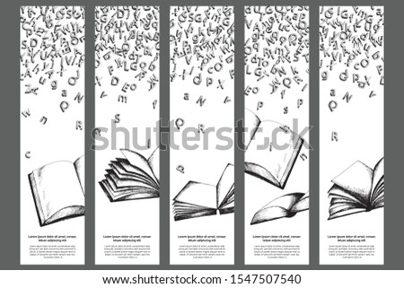 Bookmarks templates with letters and books. Sketch artwork on white background