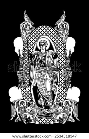 Archangel Raphael. Illustration with angels and seraphim in heaven black and white in Byzantine style