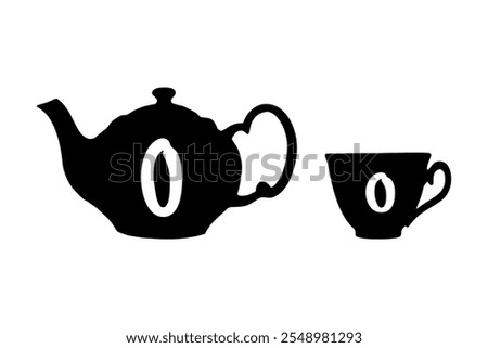 Teapot and tea cup retro tag with Latin letter O on white background