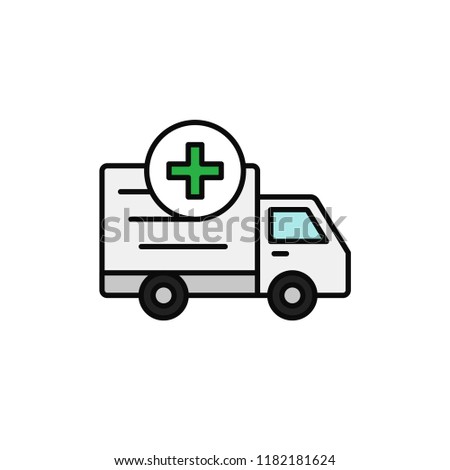 delivery truck add plus icon. loading shipment item or medical transportation illustration. simple outline vector symbol design.