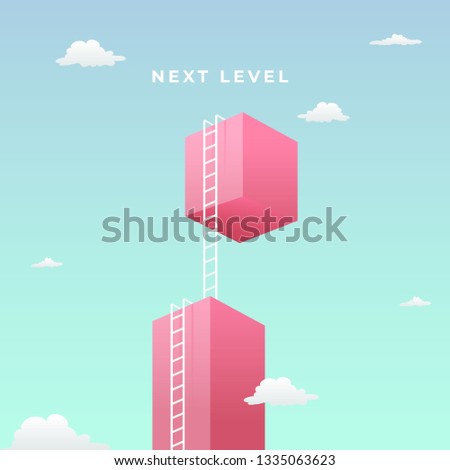 next level to success visual concept design. double step climb the high giant wall towards the sky with tall ladder vector illustration.