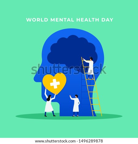Mental health medical treatment vector illustration. specialist doctor work together to give psychology love therapy for world mental health day concept poster background. Tiny people design style. Сток-фото © 