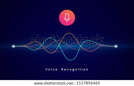 Voice Recognition AI personal assistant modern technology visual concept vector illustration. microphone icon button with colorful sound wave audio spectrum line on dark grid background