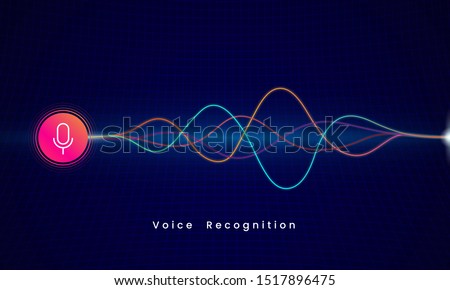 Voice Recognition AI personal assistant modern technology visual concept vector illustration. microphone icon button with colorful sound wave audio spectrum line on dark grid background