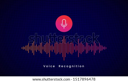 Voice Recognition AI personal assistant modern technology visual concept vector illustration design. microphone icon button with colorful sound wave audio spectrum line on dark grid background