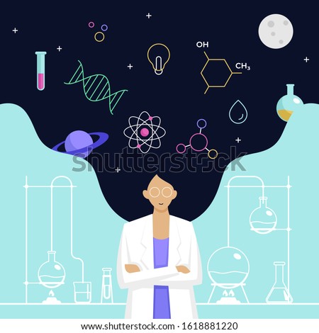 Female scientist head with long hair thinking about complex science knowledge vector illustration. International Day of Women and Girls in Science poster background.
