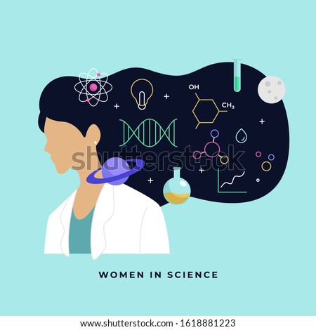 Female scientist head with long hair thinking about complex science knowledge vector illustration. International Day of Women and Girls in Science poster background.