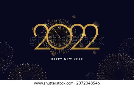 Happy New Year 2022 Poster. Golden Typography Line with Elegant Classic Watch and Fireworks Background Vector Illustration Design 商業照片 © 