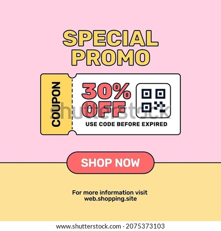 Special promo coupon giveaway online shop promotion sale for social media poster. Gift voucher code illustration with barcode icon modern template design