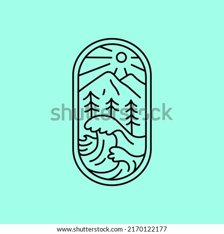 highlands mountains pine tree forest with ocean sea wave nature landscape badge logo design vector illustration