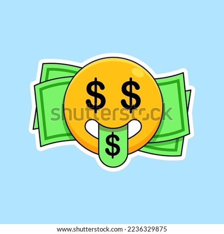 money mouth face emoji vector illustration. dollar eye and tongue emoticon with money stack background outline style design
