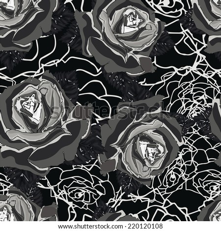 Seamless background. Gray roses. Gothic style.