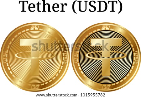 Set of physical golden coin Tether (USDT), digital cryptocurrency. Tether (USDT) icon set. Vector illustration isolated on white background.