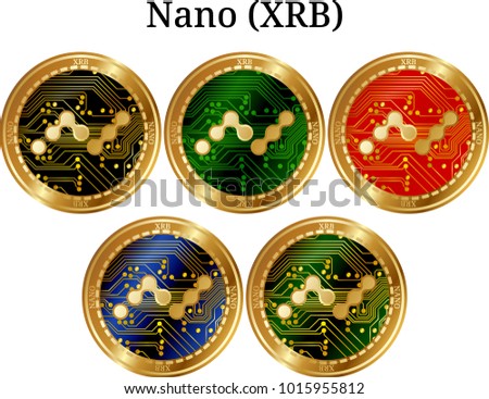 Set of physical golden coin Nano (XRB), digital cryptocurrency. Nano (XRB) icon set. Vector illustration isolated on white background.