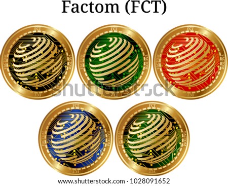 Set of physical golden coin Factom (FCT), digital cryptocurrency. Factom (FCT) icon set. Vector illustration isolated on white background.