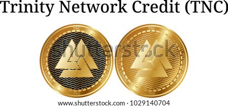 Set of physical golden coin Trinity Network Credit (TNC), digital cryptocurrency. Trinity Network Credit (TNC) icon set. Vector illustration isolated on white background.