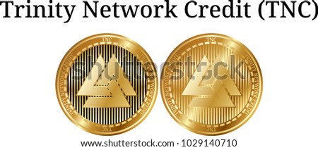 Set of physical golden coin Trinity Network Credit (TNC), digital cryptocurrency. Trinity Network Credit (TNC) icon set. Vector illustration isolated on white background.