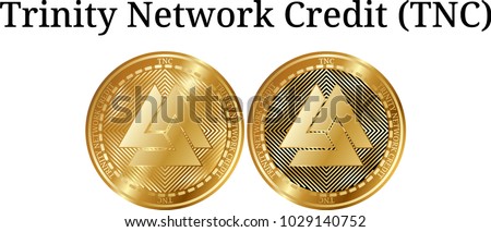 Set of physical golden coin Trinity Network Credit (TNC), digital cryptocurrency. Trinity Network Credit (TNC) icon set. Vector illustration isolated on white background.