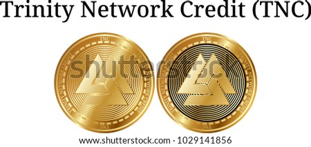 Set of physical golden coin Trinity Network Credit (TNC), digital cryptocurrency. Trinity Network Credit (TNC) icon set. Vector illustration isolated on white background.