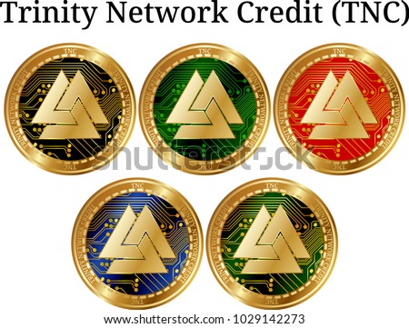 Set of physical golden coin Trinity Network Credit (TNC), digital cryptocurrency. Trinity Network Credit (TNC) icon set. Vector illustration isolated on white background.