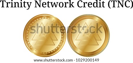 Set of physical golden coin Trinity Network Credit (TNC), digital cryptocurrency. Trinity Network Credit (TNC) icon set. Vector illustration isolated on white background.