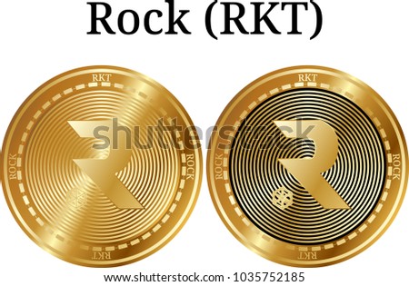 Set of physical golden coin Rock (RKT), digital cryptocurrency. Rock (RKT) icon set. Vector illustration isolated on white background.