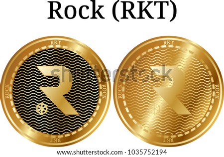 Set of physical golden coin Rock (RKT), digital cryptocurrency. Rock (RKT) icon set. Vector illustration isolated on white background.