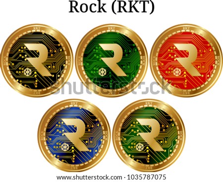 Set of physical golden coin Rock (RKT), digital cryptocurrency. Rock (RKT) icon set. Vector illustration isolated on white background.