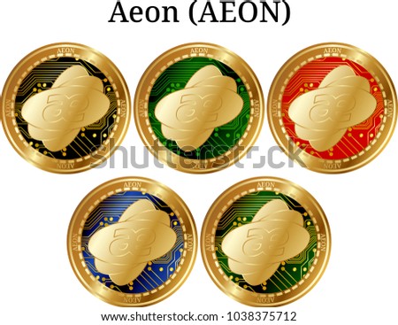 Set of physical golden coin Aeon (AEON), digital cryptocurrency. Aeon (AEON) icon set. Vector illustration isolated on white background.