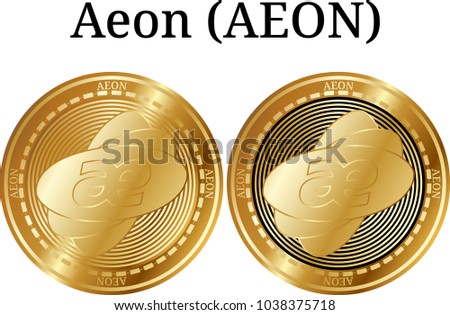 Set of physical golden coin Aeon (AEON), digital cryptocurrency. Aeon (AEON) icon set. Vector illustration isolated on white background.