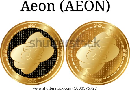 Set of physical golden coin Aeon (AEON), digital cryptocurrency. Aeon (AEON) icon set. Vector illustration isolated on white background.