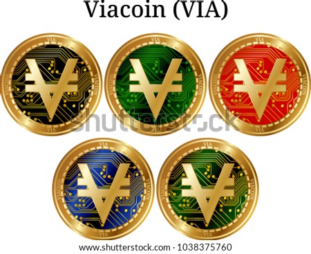 Set of physical golden coin Viacoin (VIA), digital cryptocurrency. Viacoin (VIA) icon set. Vector illustration isolated on white background.