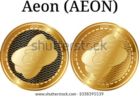 Set of physical golden coin Aeon (AEON), digital cryptocurrency. Aeon (AEON) icon set. Vector illustration isolated on white background.