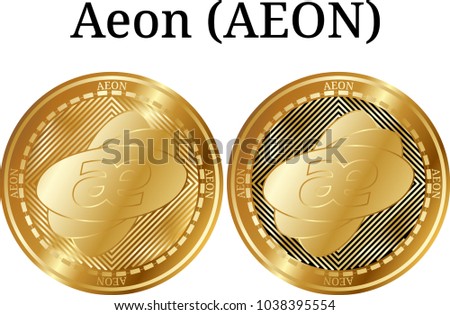 Set of physical golden coin Aeon (AEON), digital cryptocurrency. Aeon (AEON) icon set. Vector illustration isolated on white background.