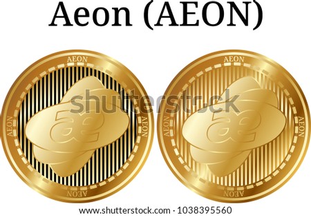 Set of physical golden coin Aeon (AEON), digital cryptocurrency. Aeon (AEON) icon set. Vector illustration isolated on white background.