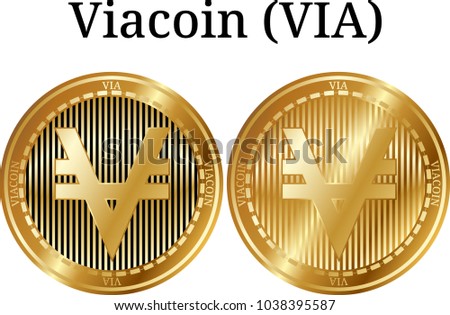 Set of physical golden coin Viacoin (VIA), digital cryptocurrency. Viacoin (VIA) icon set. Vector illustration isolated on white background.