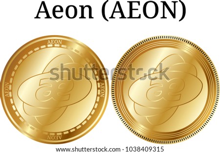 Set of physical golden coin Aeon (AEON), digital cryptocurrency. Aeon (AEON) icon set. Vector illustration isolated on white background.