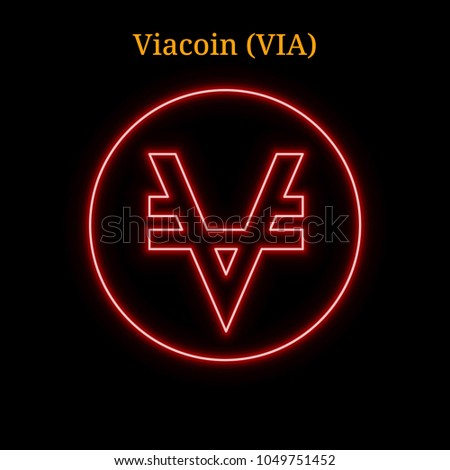 Red neon Viacoin (VIA) cryptocurrency symbol. Vector illustration eps10 isolated on black background