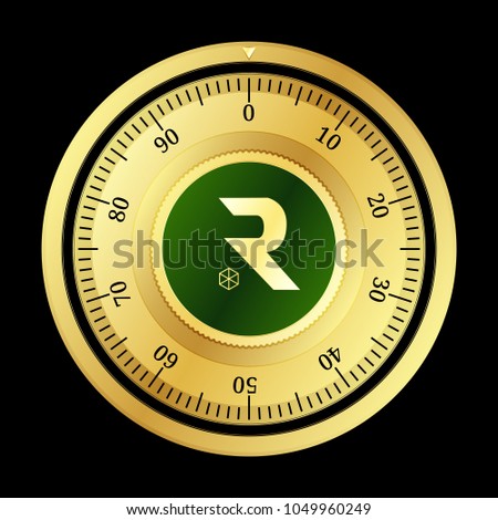 Rock (RKT) cryptocurrency safe lock. Eps10 vector illustration isolated on black background.