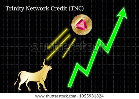 Gold bull, throwing up Trinity Network Credit (TNC) cryptocurrency golden coin up the trend. Bullish Trinity Network Credit (TNC) chart